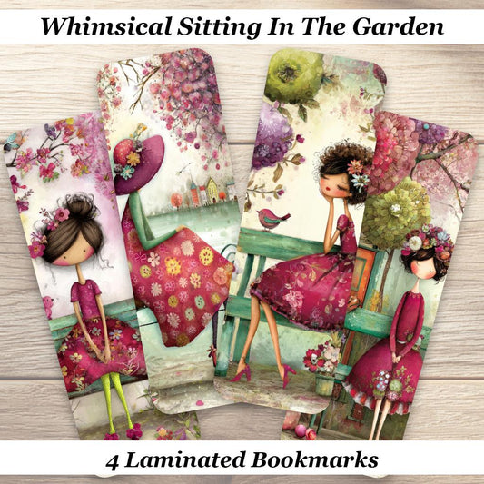 Whimsical Sitting in the Garden Laminated Bookmarks. Set of 4 colorful cottagecore book marks. Perfect book lover gift or for yourself!