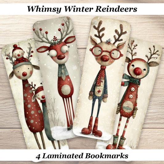 Whimsy Winter Reindeers Bookmarks. Set of 4 Laminated Holiday. Ideal Cozy Winter Reading Gift, Stocking Stuffer.