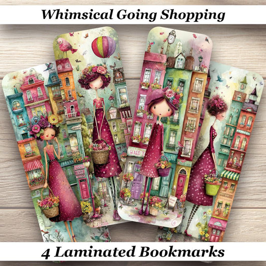 Whimsical Going Shopping Laminated Bookmarks. Set of 4 Cottagecore style book marks. Ideal for all book lovers.