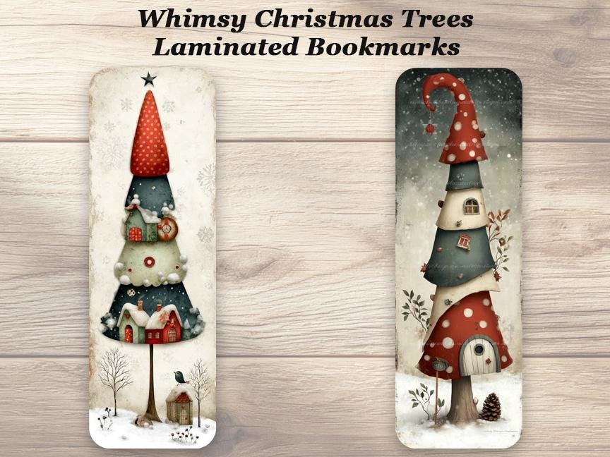 Whimsy Christmas Trees Bookmarks. Set of 4 Laminated Cute Holiday Bookmarks. Ideal gift for all Christmas Book Lovers.