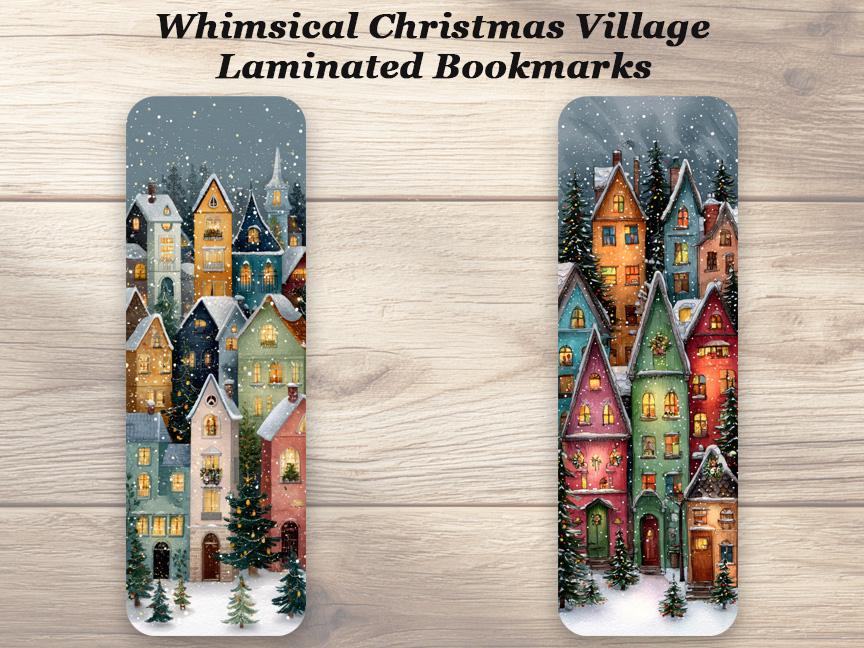 Whimsical Christmas Village Laminated Bookmarks. Set of 4 Cozy Snowy Cottage Bookmarks. Book Lover Gift.