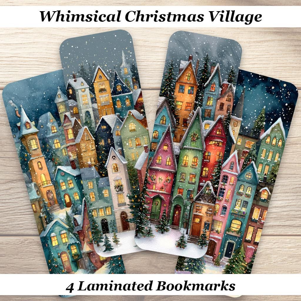 Whimsical Christmas Village Laminated Bookmarks. Set of 4 Cozy Snowy Cottage Bookmarks. Book Lover Gift.