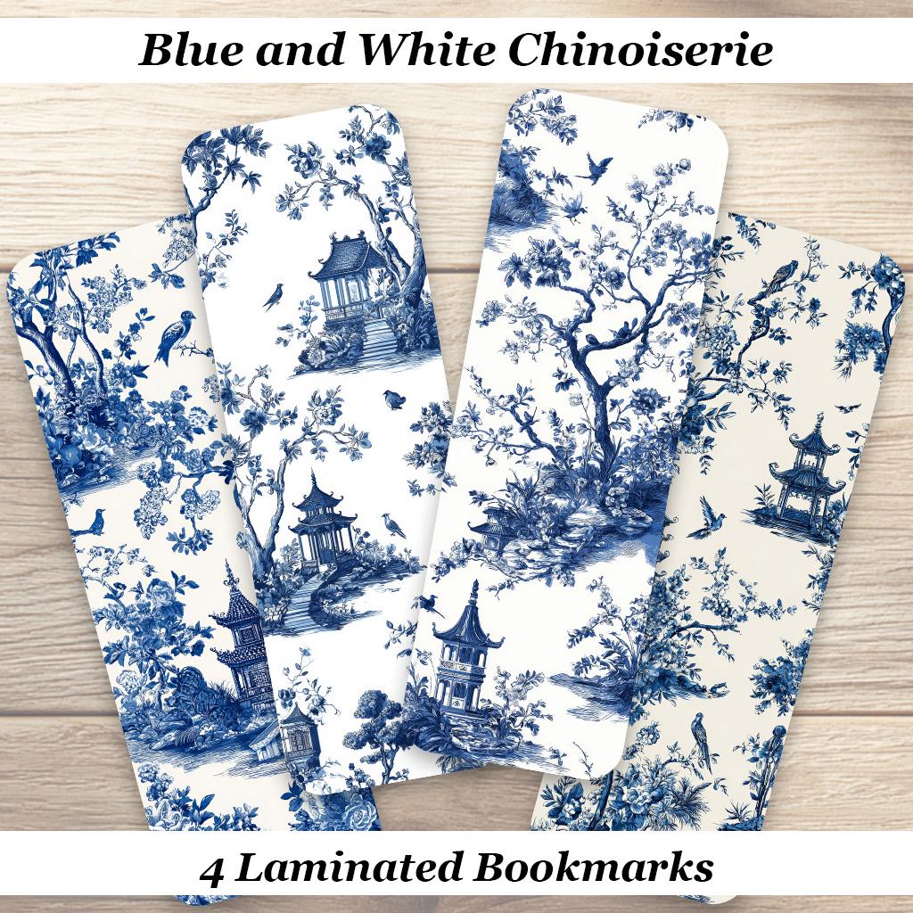 Blue and White Chinoiserie Bookmarks. Set of 4 Laminated Elegant Bookmarks. Ideal gift for book lovers.