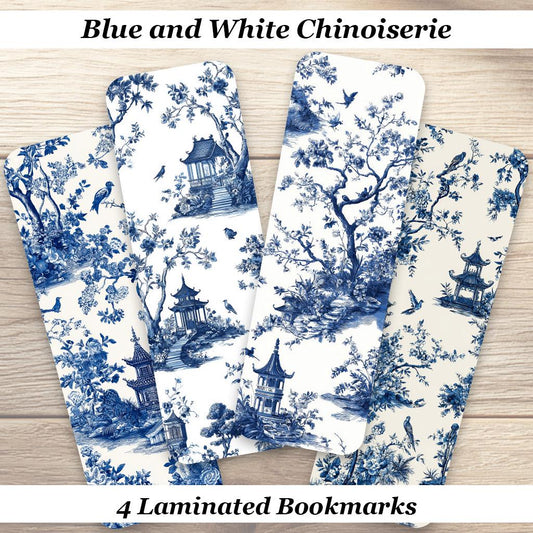 Blue and White Chinoiserie Bookmarks. Set of 4 Laminated Elegant Bookmarks. Ideal gift for book lovers.