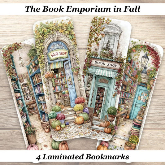 The Book Emporium in Fall Bookmarks Set Of 4 Laminated Cozy Autumn Bookmarks. Ideal for all book lovers.