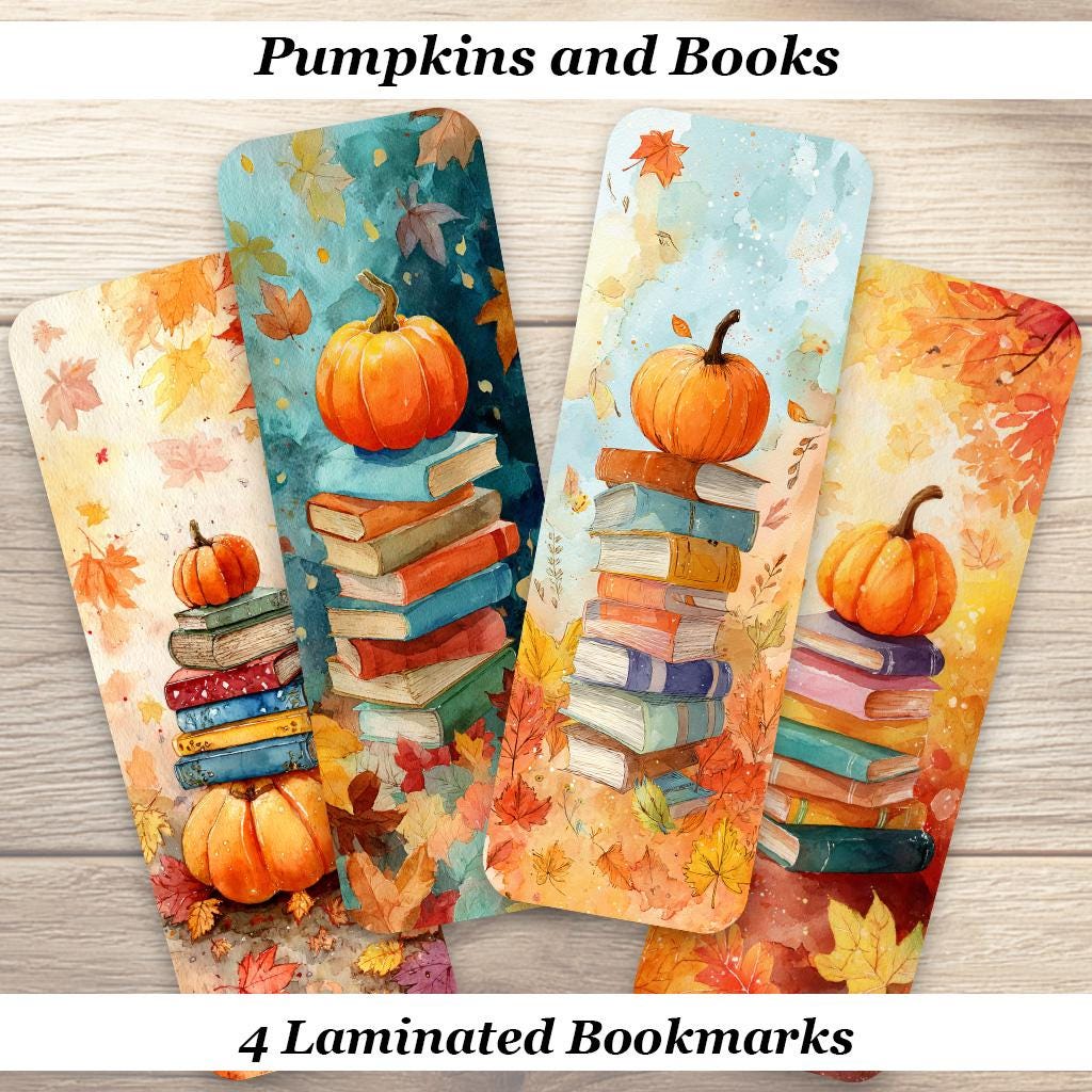 Pumpkins and Books Bookmarks. Set of 4 laminated Fall Reading Bookmarks. Great gift for book lovers. Cute Reader Accessories