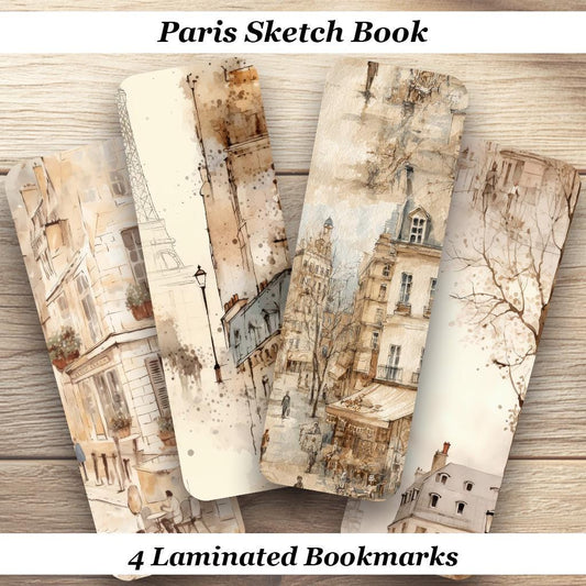 Paris Sketch Book Bookmarks. Set of 4 Laminated French Art Bookmarks. Perfect gift for all book lovers and those who love Paris.