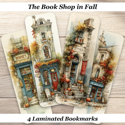 The Book Shop in Fall Bookmarks. Set of 4 Laminated Cozy Autumn Bookstore Bookmarks. Ideal for all book lovers.