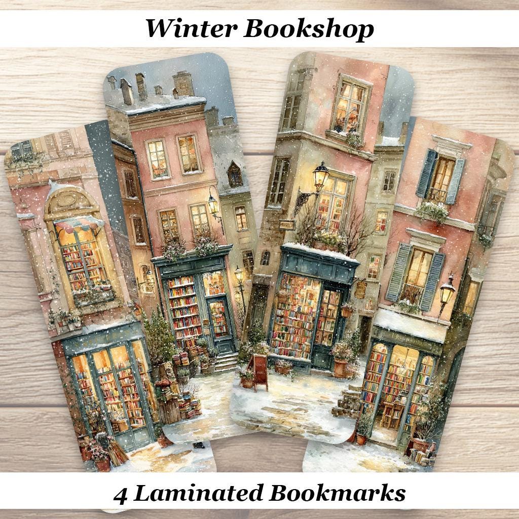 Winter Bookshop Bookmarks. Set of 4 Laminated Cozy Bookstore Bookmarks. Book Lover Gifts.