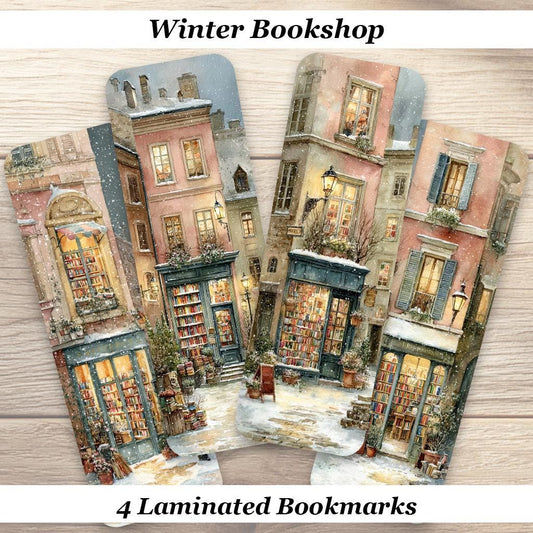 Winter Bookshop Bookmarks. Set of 4 Laminated Cozy Bookstore Bookmarks. Book Lover Gifts.