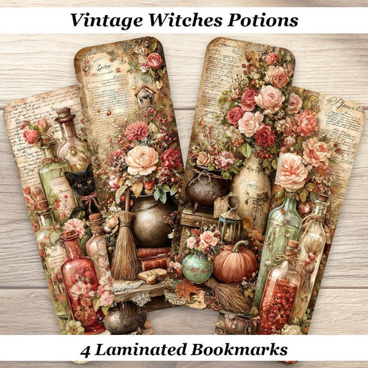 Vintage Witches Potions Bookmarks.  Set of 4 Laminated Gothic Cottagecore Bookmarks.