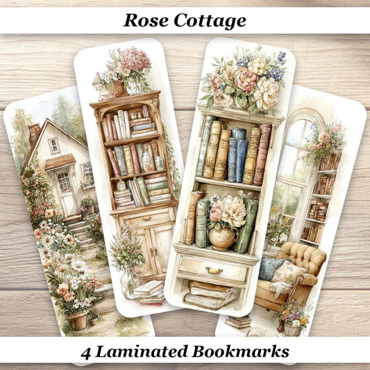 Rose Cottage Bookmarks. Set of 4 Laminated Cozy Reading Bookmarks. Ideal Cottagecore Book Lover Gift.