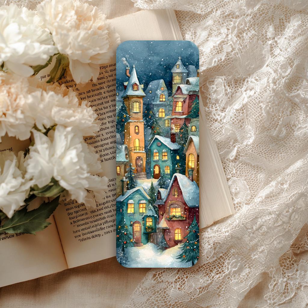 Whimsical Christmas Village Laminated Bookmarks. Set of 4 Cozy Snowy Cottage Bookmarks. Book Lover Gift.