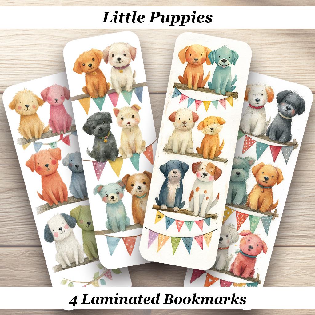 Little Puppies Bookmark Set of 4 Laminated Cute Watercolor Dog Bookmark. Book and Puppy Lover Gift