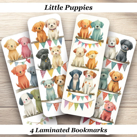 Little Puppies Bookmark Set of 4 Laminated Cute Watercolor Dog Bookmark. Book and Puppy Lover Gift
