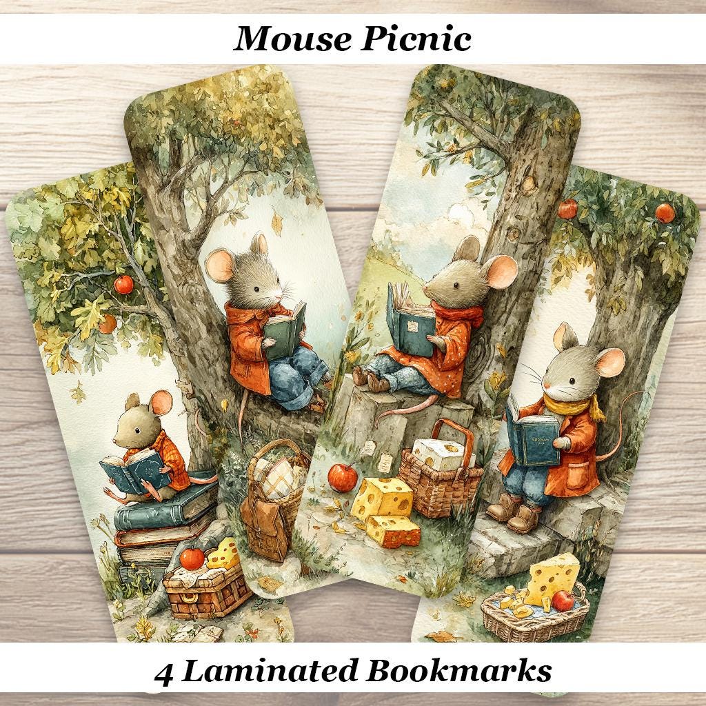 Mouse Picnic Laminated Bookmarks. Set of 4 whimsical Book Marks. Ideal gift for all book and mouse lovers.