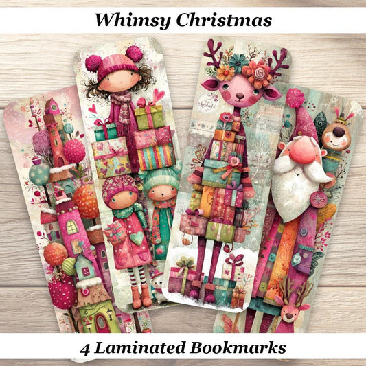 Whimsy Christmas Bookmarks. Set of 4 Laminated Whimsical Book Marks, Ideal Holiday Reading Gifts.