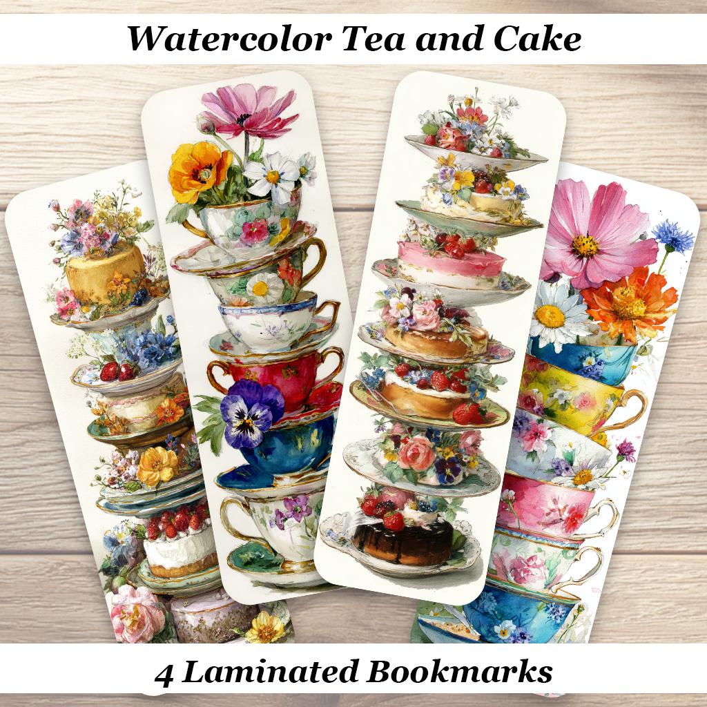 Watercolor Tea and Cakes Bookmarks. Set of 4 Laminated Floral Teacup & Dessert Book Marks.