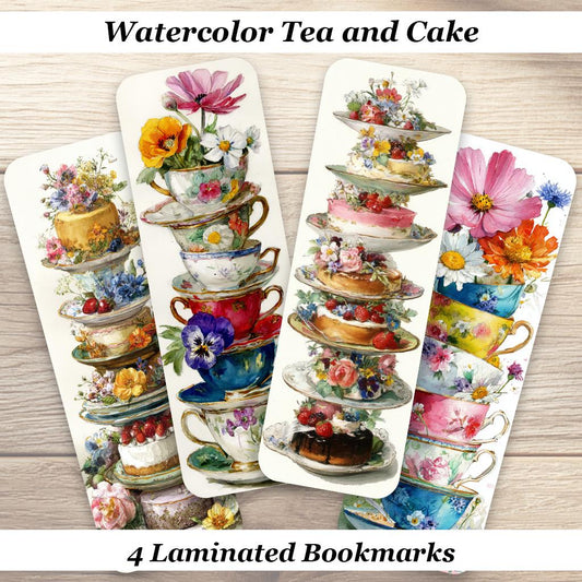 Watercolor Tea and Cakes Bookmarks. Set of 4 Laminated Floral Teacup & Dessert Book Marks.
