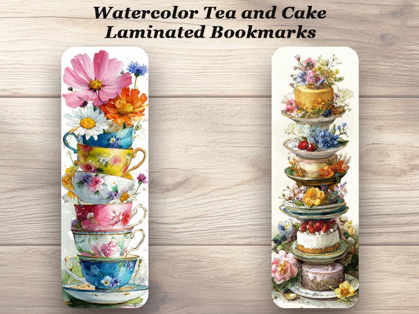 Watercolor Tea and Cakes Bookmarks. Set of 4 Laminated Floral Teacup & Dessert Book Marks.