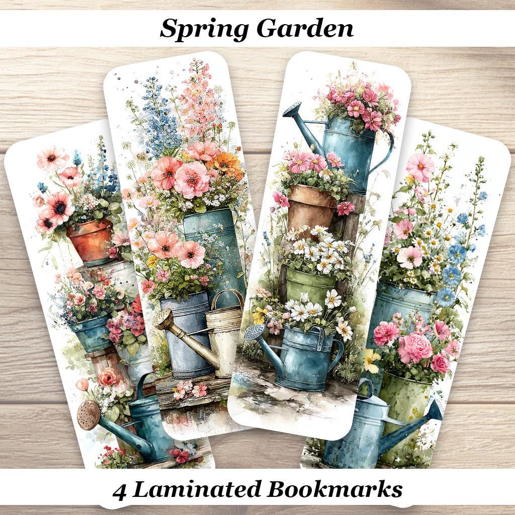 Spring Garden Bookmarks. Set of 4 Laminated Watercolor Style Bookmarks. Ideal gift for gardeners and book lovers.