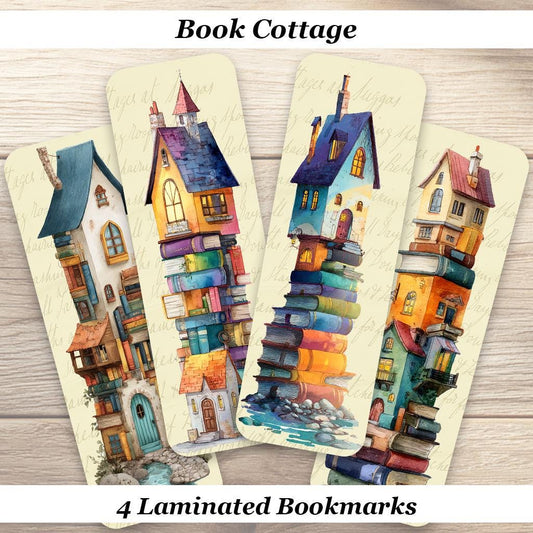 The Book Cottage Bookmarks. Set of 4 Laminated Whimsical Bookmarks Book Lover Gift.