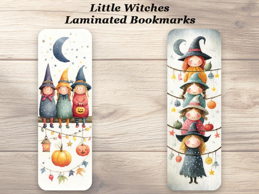 Little Witches Bookmarks. Set of 4 Laminated Halloween Witch Bookmarks. Autumn Book Lover Gift