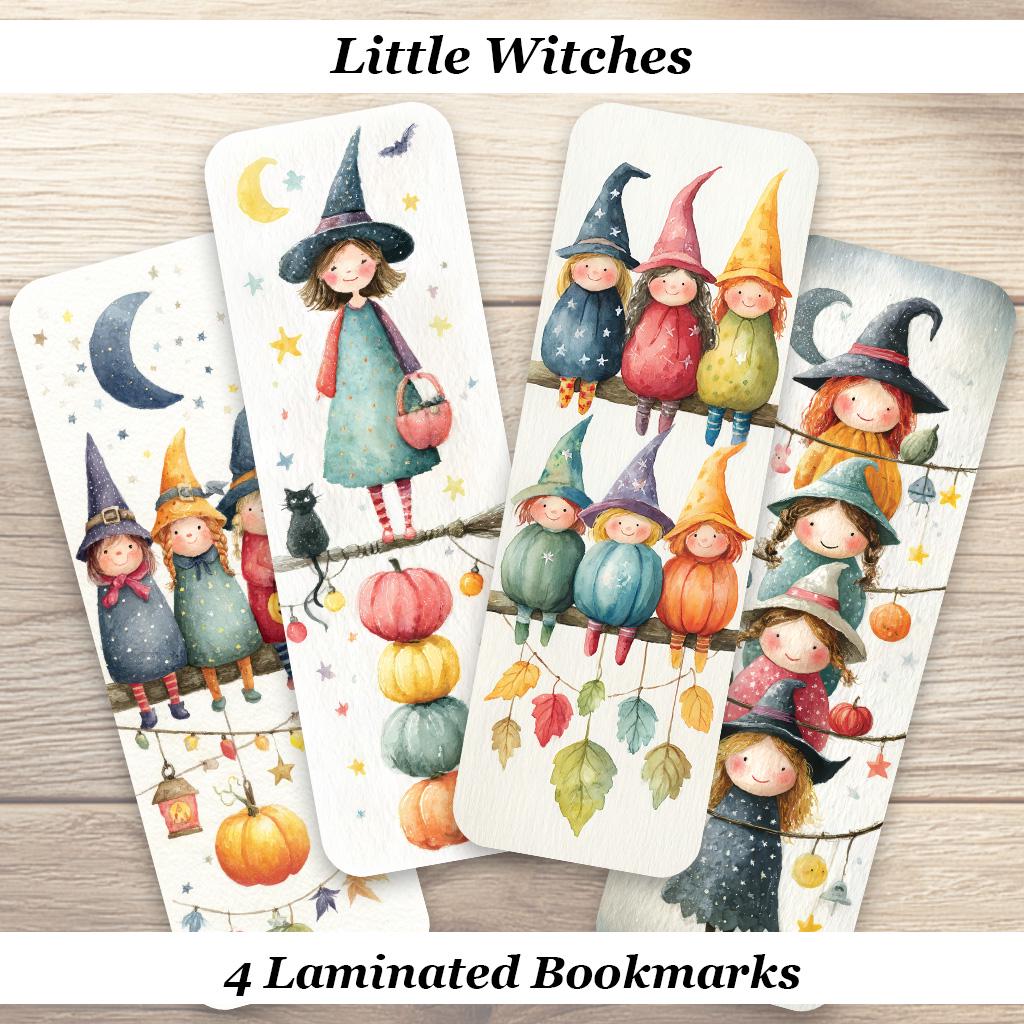 Little Witches Bookmarks. Set of 4 Laminated Halloween Witch Bookmarks. Autumn Book Lover Gift