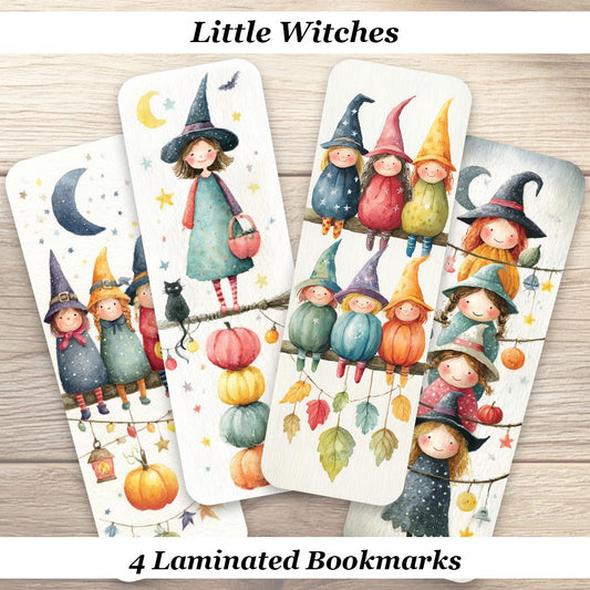 Little Witches Bookmarks. Set of 4 Laminated Halloween Witch Bookmarks. Autumn Book Lover Gift