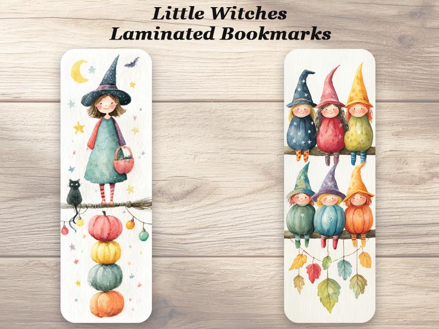 Little Witches Bookmarks. Set of 4 Laminated Halloween Witch Bookmarks. Autumn Book Lover Gift