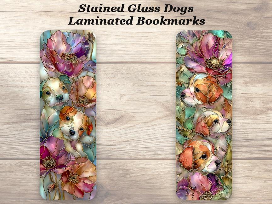 Stained Glass Dogs Bookmarks. Set of 4 Laminated Colorful  Puppy Bookmarks . Gift for book and dog lovers.