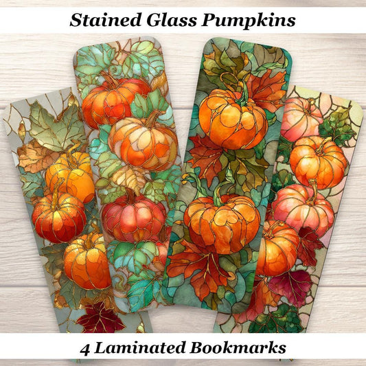 Stained Glass Pumpkins Bookmarks. Set of 4 Laminated Autumn Fall Bookmarks. Gift for book and fall lovers.