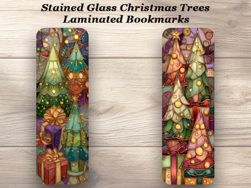 Stained Glass Christmas Trees Bookmark Set of 4 Laminated Festive Holiday Bookmarks. Ideal book lover gift or stocking stuffer.