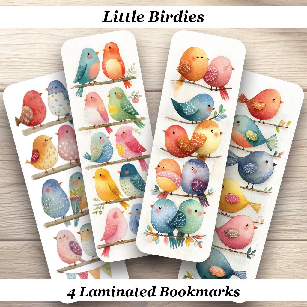 Little Birdies Bookmarks.  Set of 4 Laminated Watercolor Bird Bookmarks. Gift for Book and Bird Lovers