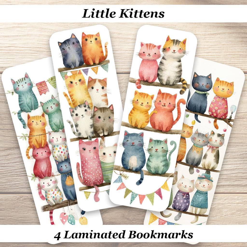 Little Kittens Bookmarks. Set of 4 Laminated Watercolor Cats Bookmarks. Cat Lover Gift.