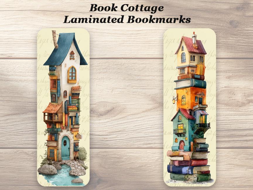 The Book Cottage Bookmarks. Set of 4 Laminated Whimsical Bookmarks Book Lover Gift.