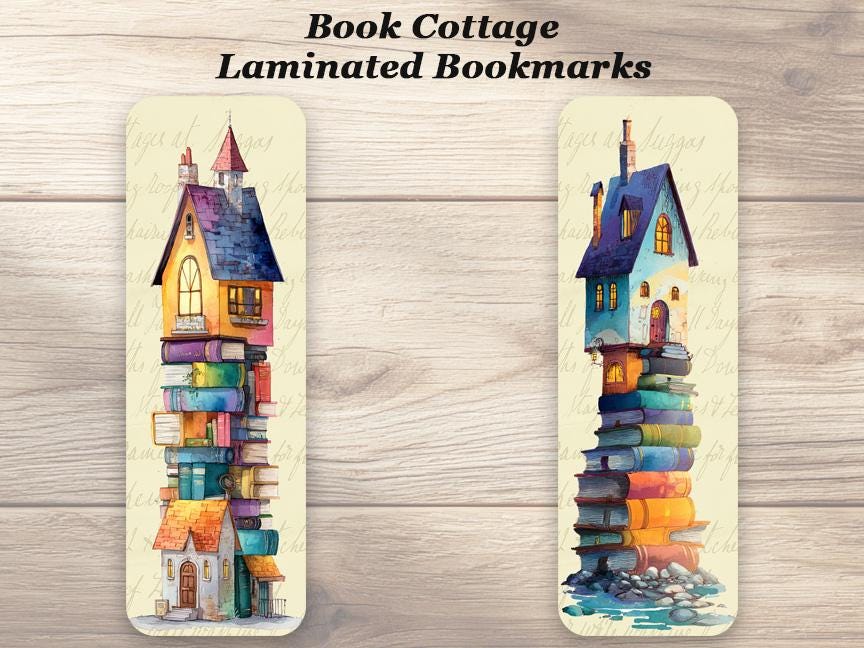 The Book Cottage Bookmarks. Set of 4 Laminated Whimsical Bookmarks Book Lover Gift.
