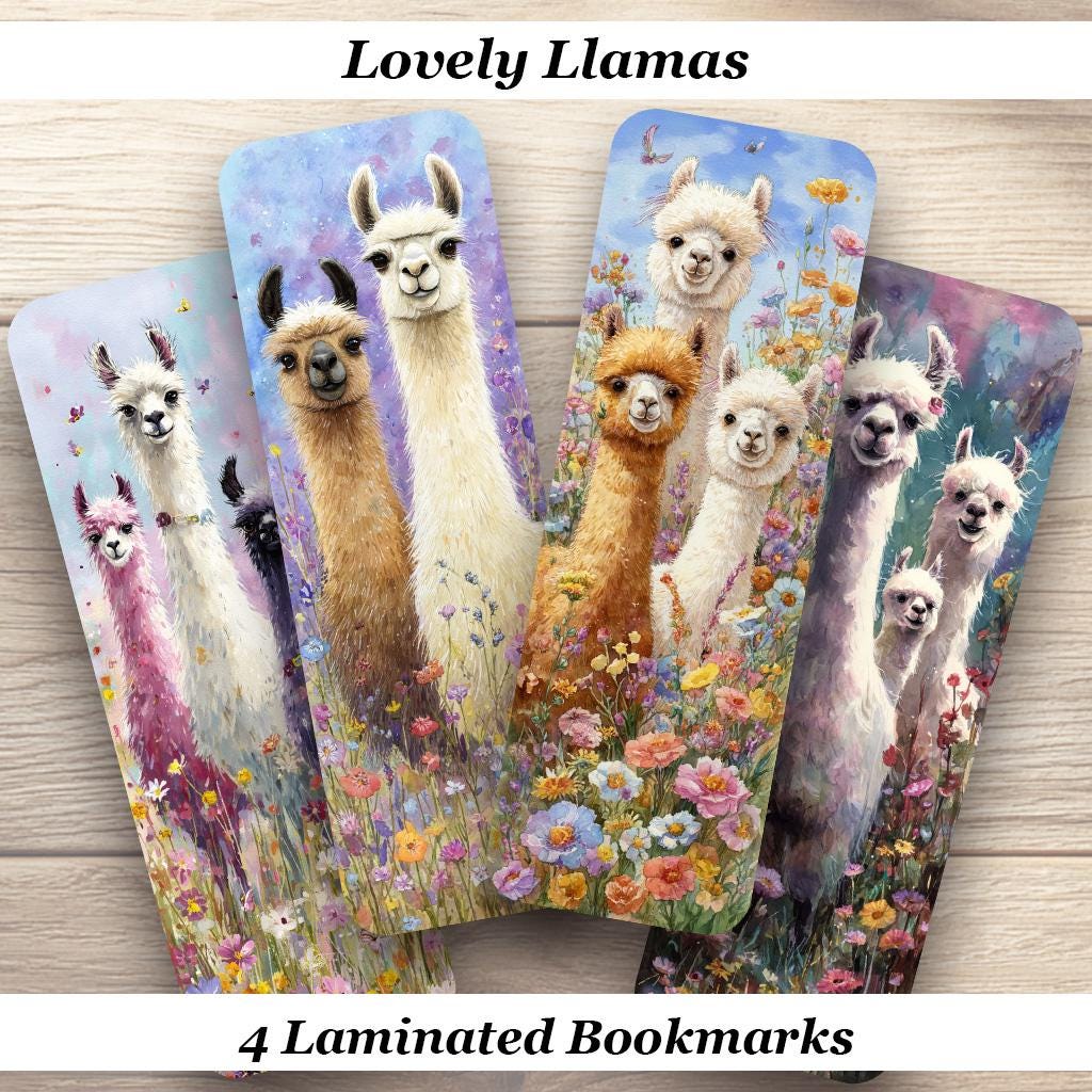 Lovely Llamas Bookmarks Set of 4 Laminated Cute Alpaca Gift for Book Lovers
