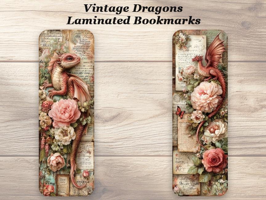 Vintage Dragon Bookmarks. Set of 4 Laminated Fantasy Dragon Bookmarks.  Book Lover Gift