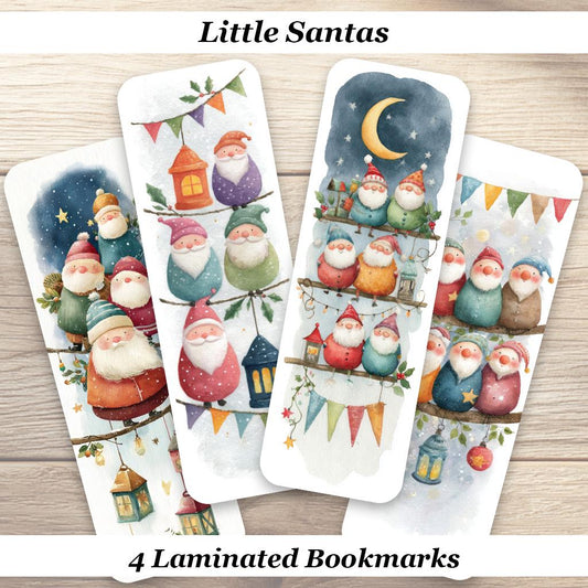 Little Santas Bookmark Set of 4 Laminated Christmas Bookmarks. Cute Holiday Reading Accessory for Book Lovers.