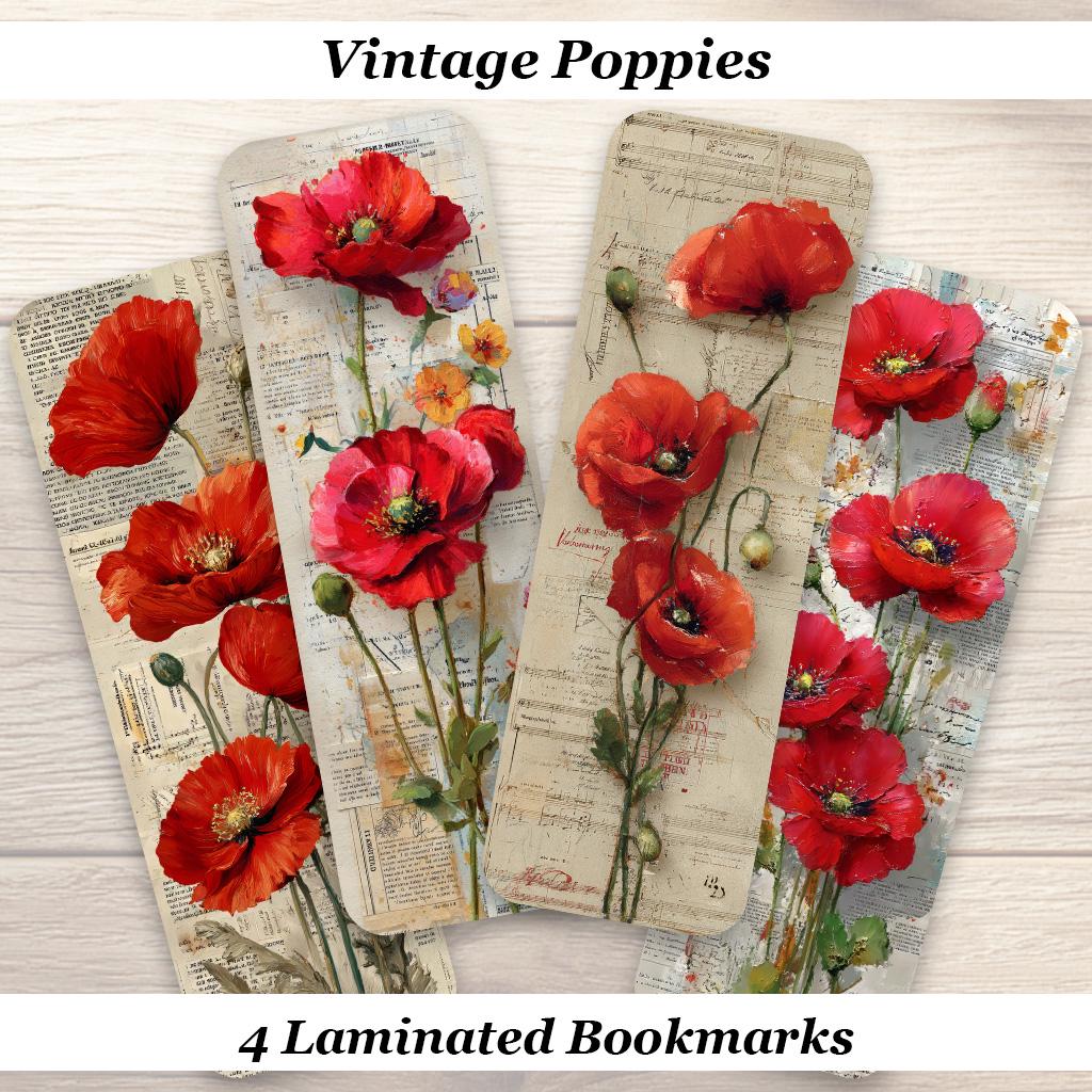 Vintage Poppies Laminated Bookmarks Set of 4 Laminated Vintage Style Bookmarks. Gift for book lovers.