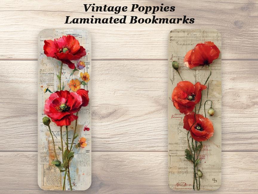 Vintage Poppies Laminated Bookmarks Set of 4 Laminated Vintage Style Bookmarks. Gift for book lovers.