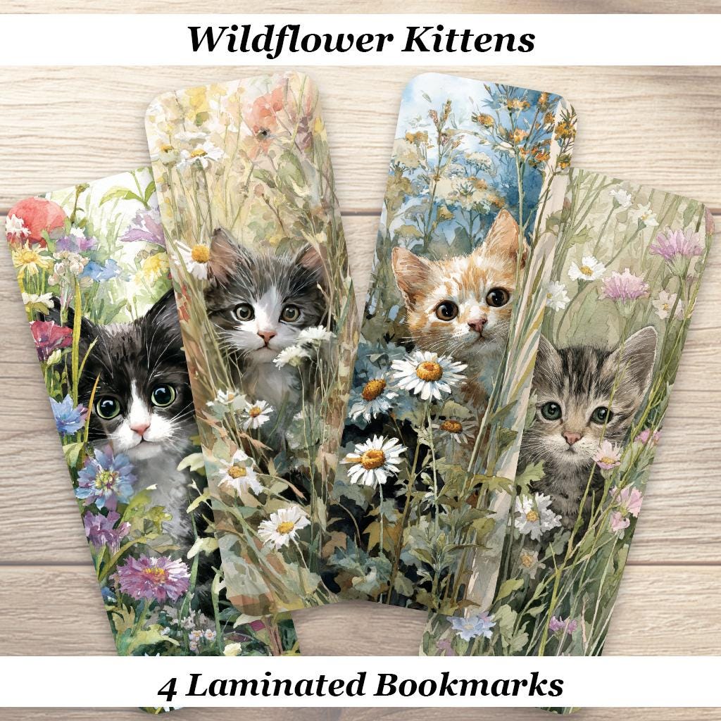 Wildflower Kittens Bookmarks. Set of 4 Laminated Cat Lover Bookmarks.