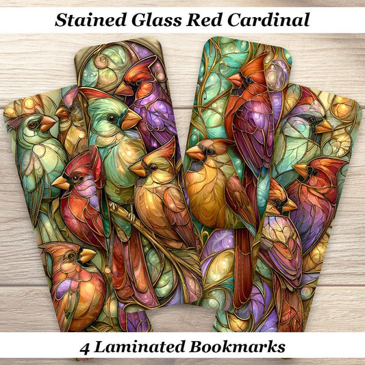 Stained Glass Red Cardinals Bookmarks. Set of 4 Laminated Bird Bookmarks