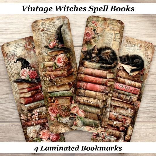 Vintage Witches Spell Books Bookmarks Set of 4 Gothic Laminated Bookmarks.  Witchy Reading Dark Academia Gift.