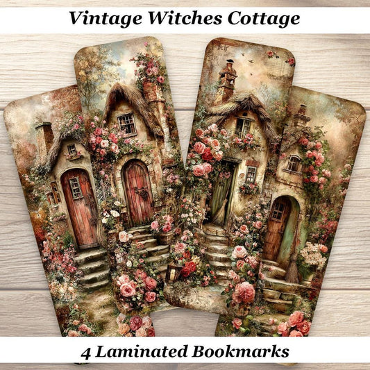 Vintage Witches Cottage Bookmarks. Set of 4 Whimsical Cottagecore Laminated Bookmarks. Fantasy Bookmark Gift for Book Lovers