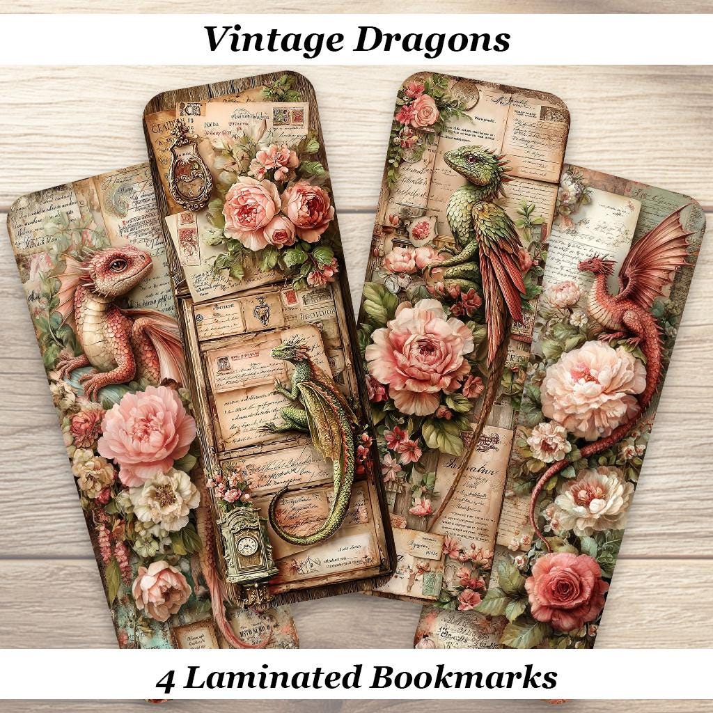 Vintage Dragon Bookmarks. Set of 4 Laminated Fantasy Dragon Bookmarks.  Book Lover Gift