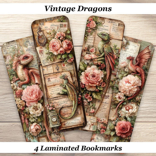 Vintage Dragon Bookmarks. Set of 4 Laminated Fantasy Dragon Bookmarks.  Book Lover Gift