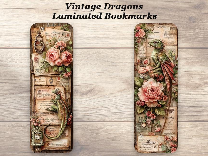 Vintage Dragon Bookmarks. Set of 4 Laminated Fantasy Dragon Bookmarks.  Book Lover Gift
