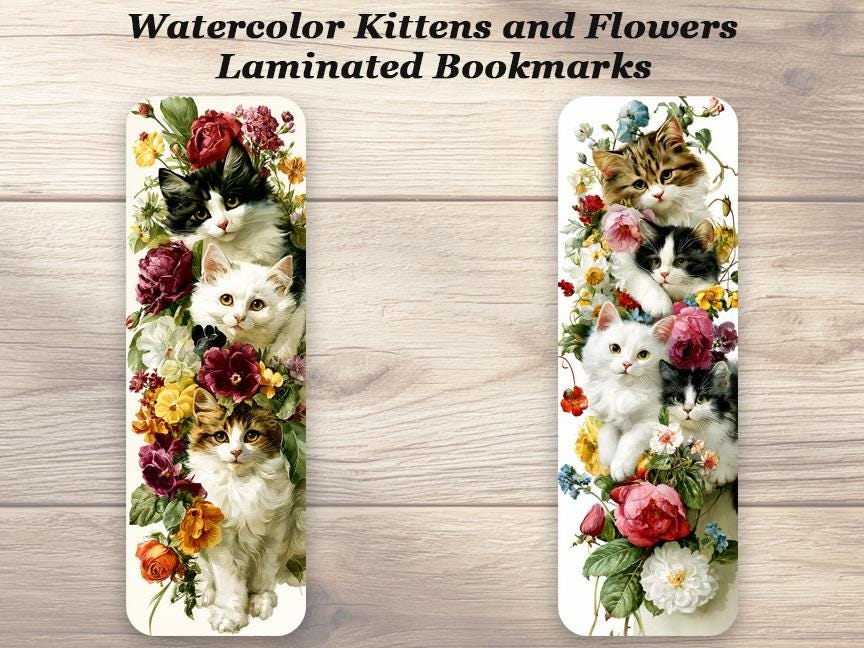Watercolor Kittens and Flowers Bookmarks. Set of 4 Laminated Cute Cat Lover Bookmarks.